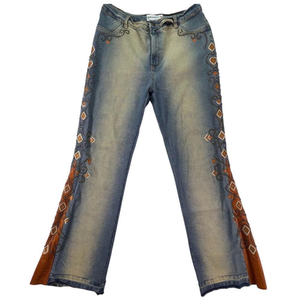 BrazilRoxx Flare Jeans Womens 14 High Rise Stud Embroidered Western Boho Leather